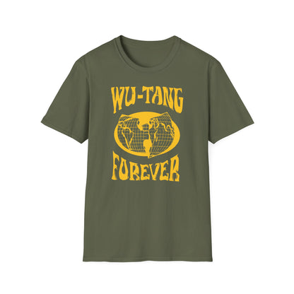 Olive green t-shirt with yellow "Wu-Tang Forever" text and globe graphic.