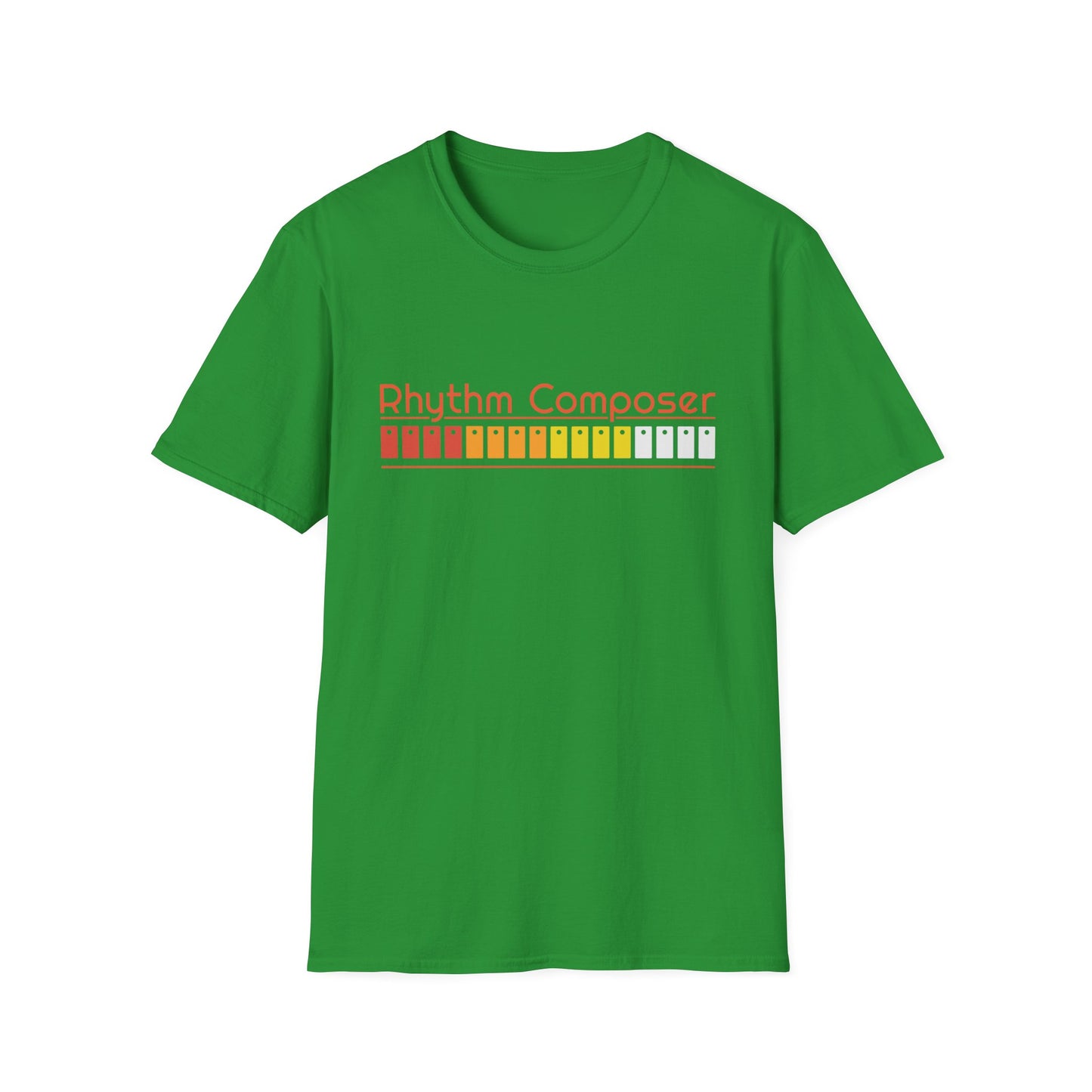 Green t-shirt with "Rhythm Composer" text and colorful beat buttons design.