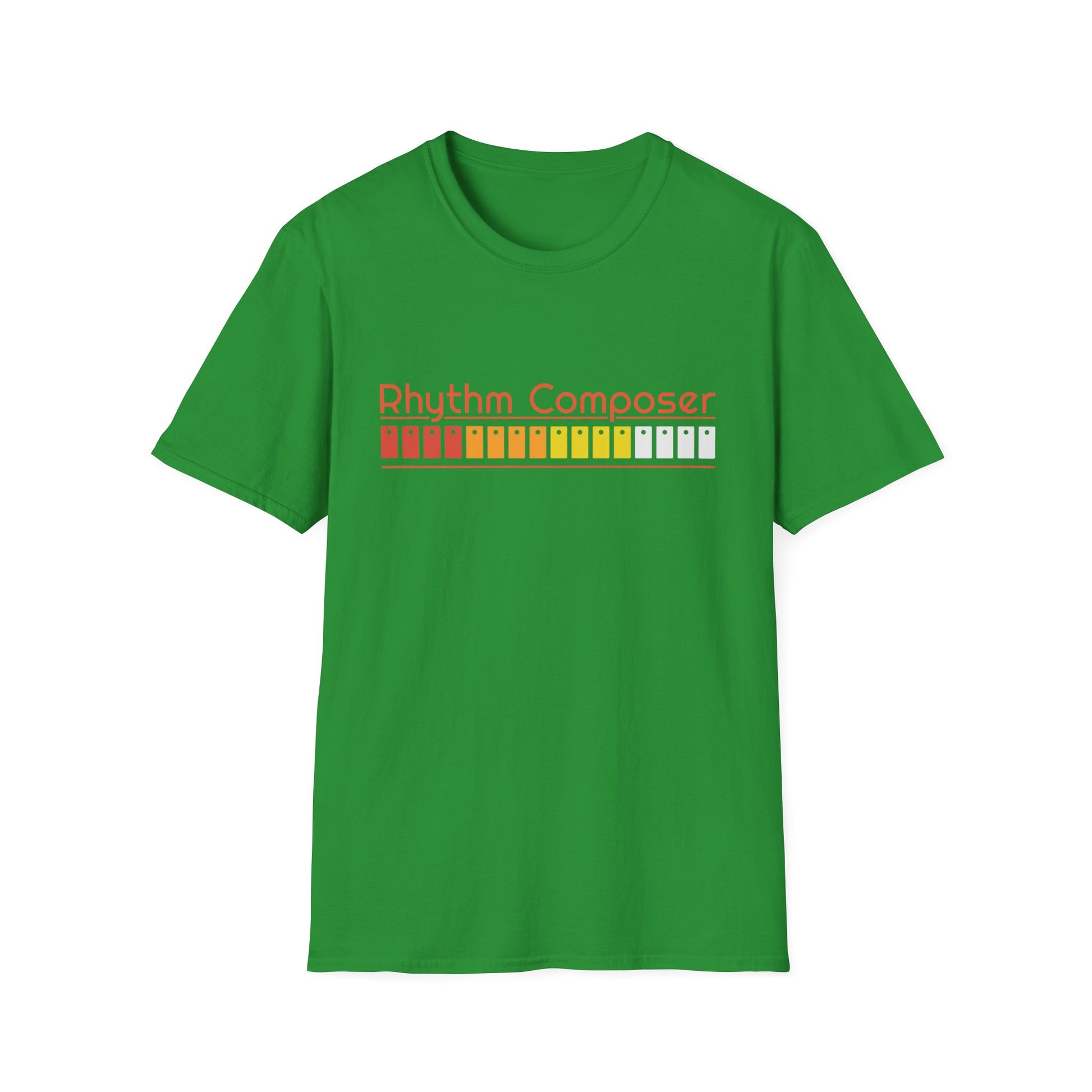 Green t-shirt with "Rhythm Composer" text and colorful beat buttons design.