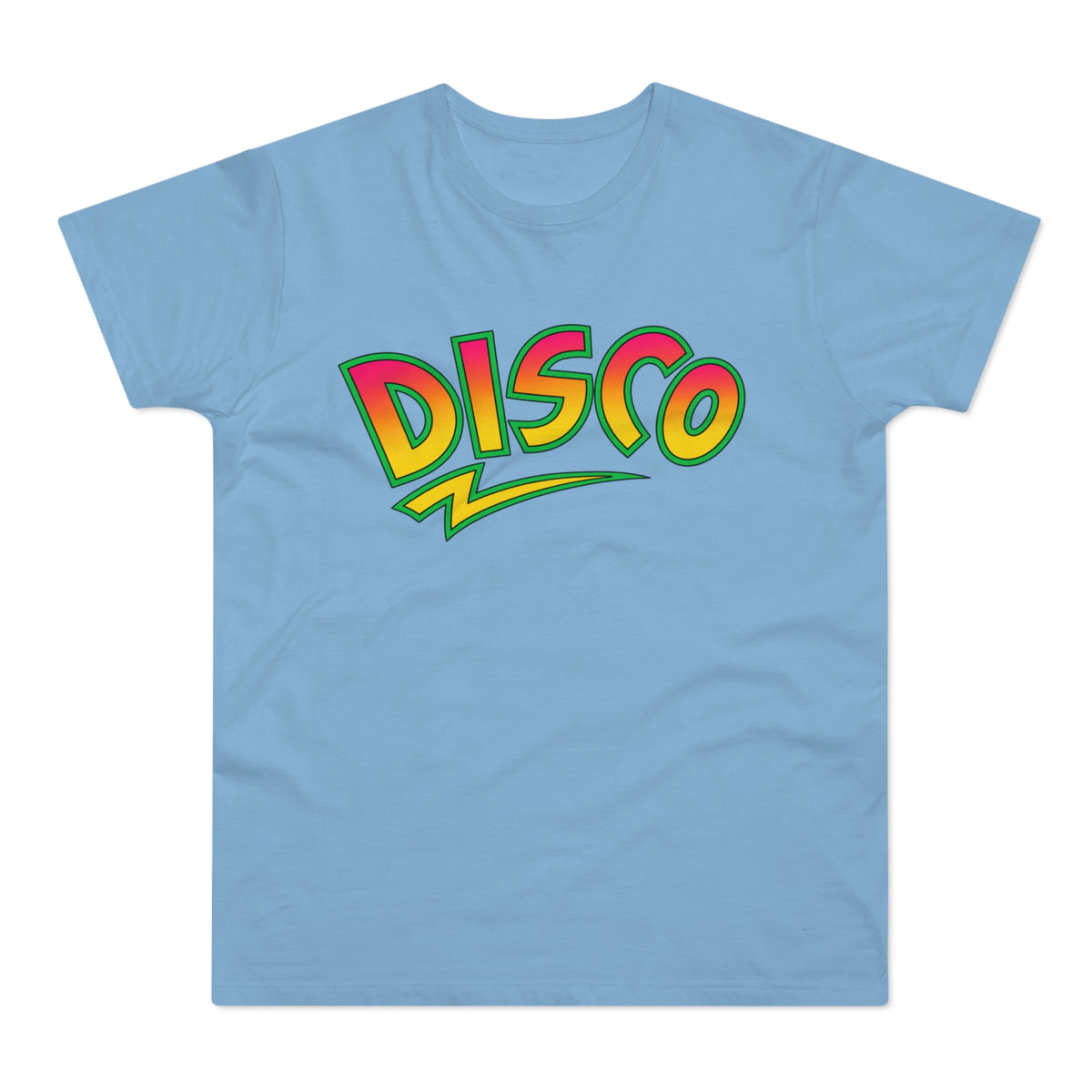 Light blue t-shirt with "DISCO" text in a gradient of yellow to pink with a green outline.