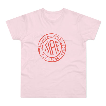 Pink t-shirt with red SIAE logo featuring Italian text and "Roma 2002".