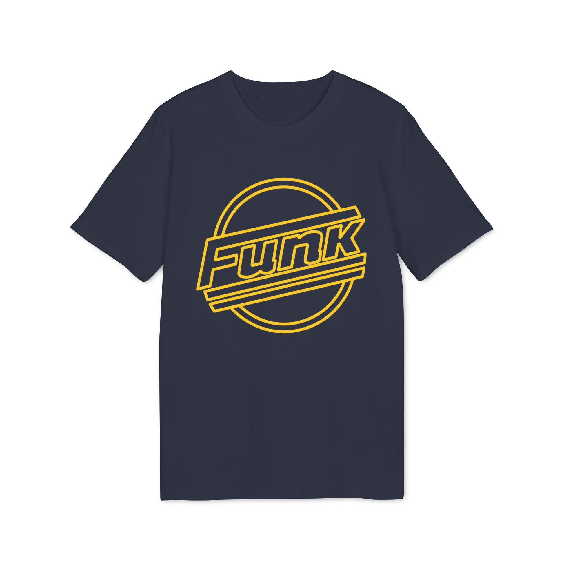 Navy t-shirt with yellow "Funk" text inside a circular design.