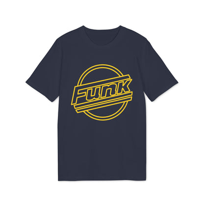 Navy t-shirt with yellow "Funk" text inside a circular design.