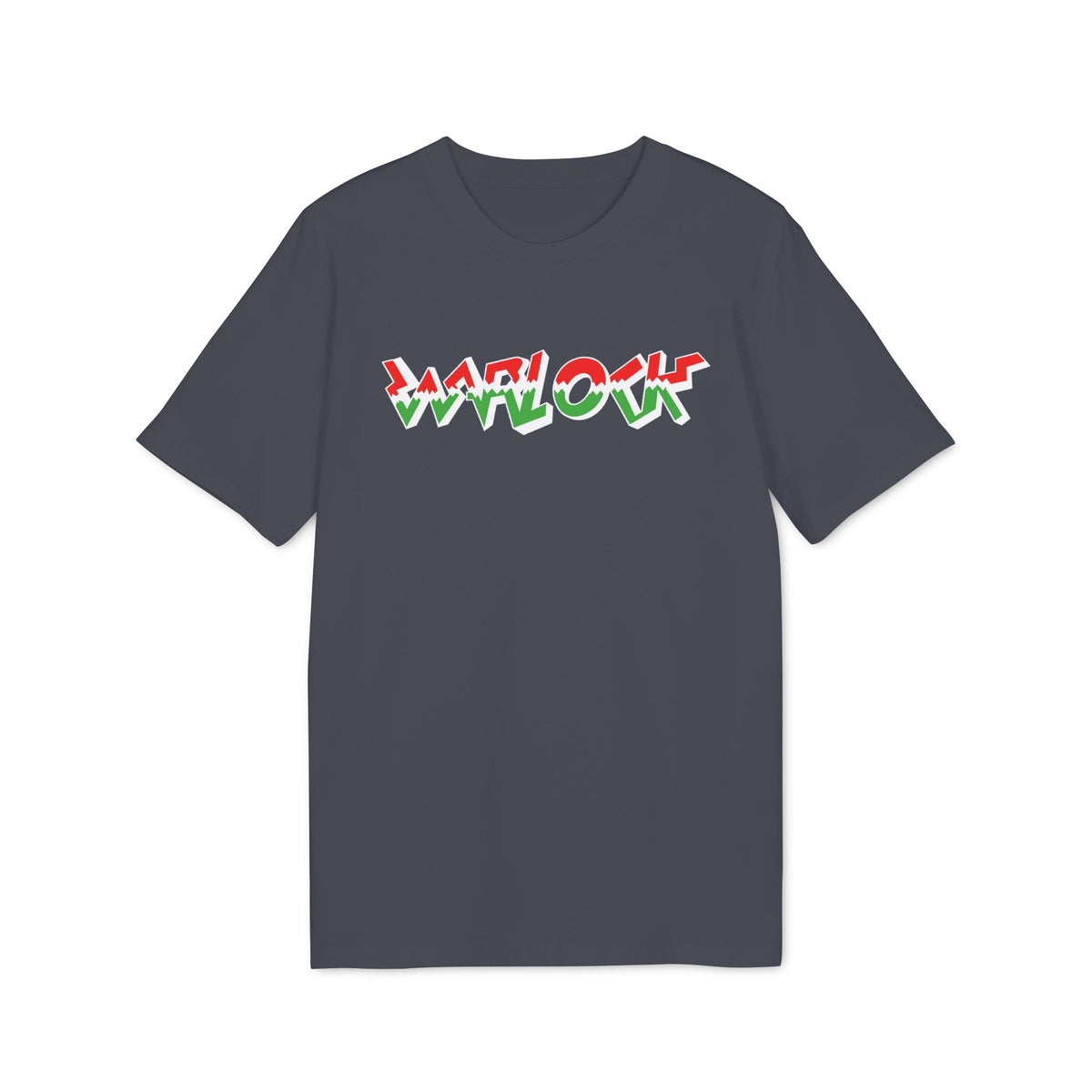 Dark grey t-shirt with white, red, and green "WARLOCK" text graphic.