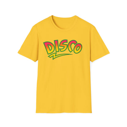 Yellow t-shirt with colorful "Disco" text and lightning bolt graphic.