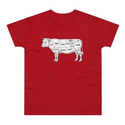 Red t-shirt with a diagram of a cow labeled with music genres.