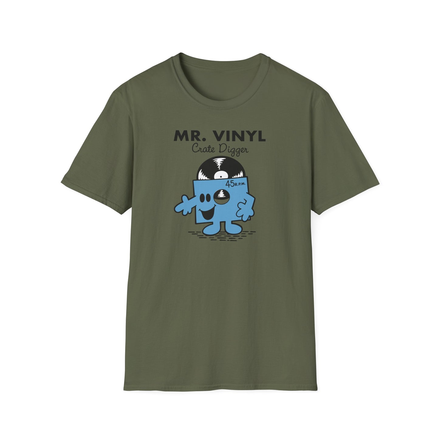 Green t-shirt with MR. VINYL Crate Digger and a happy vinyl record character.
