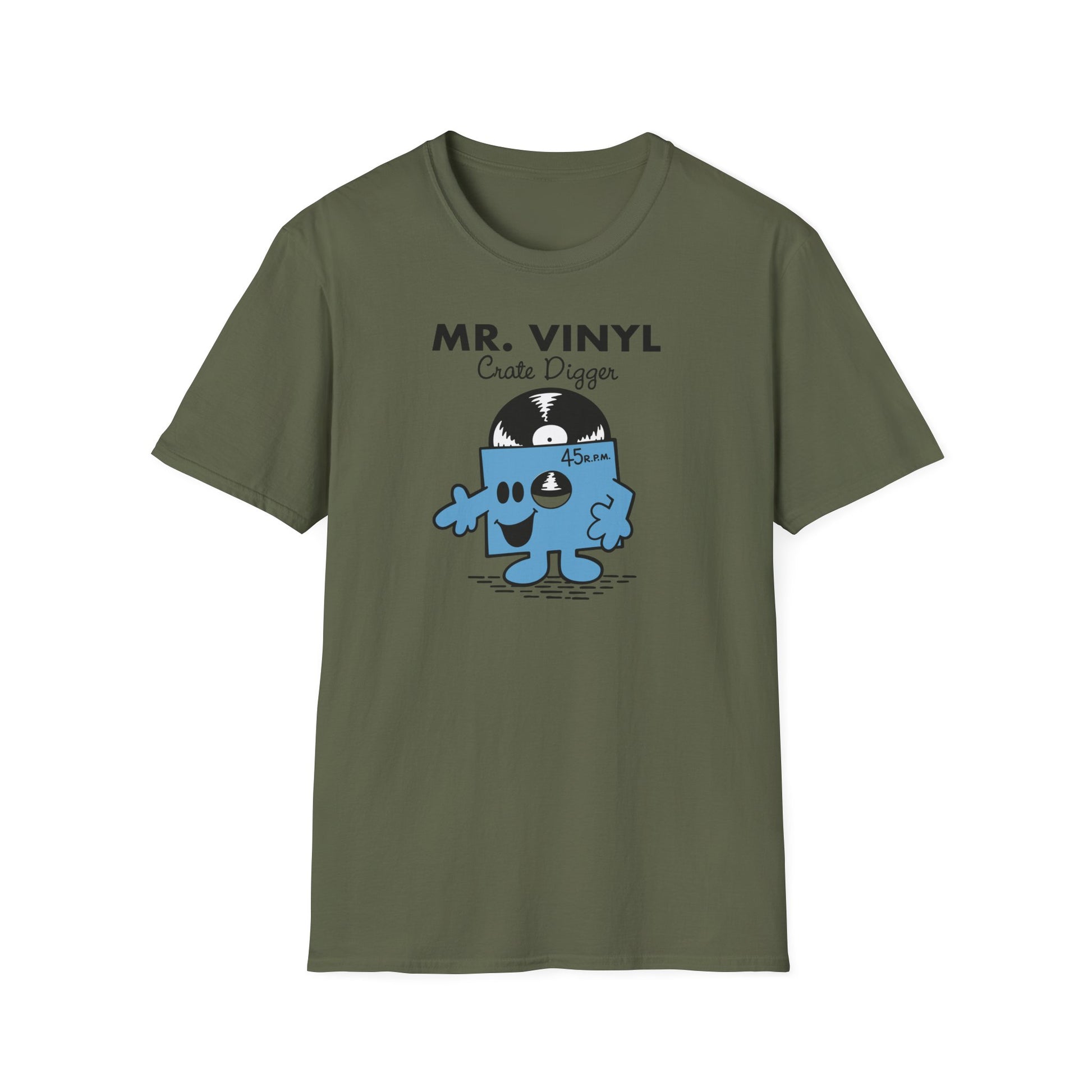 Green t-shirt with MR. VINYL Crate Digger and a happy vinyl record character.