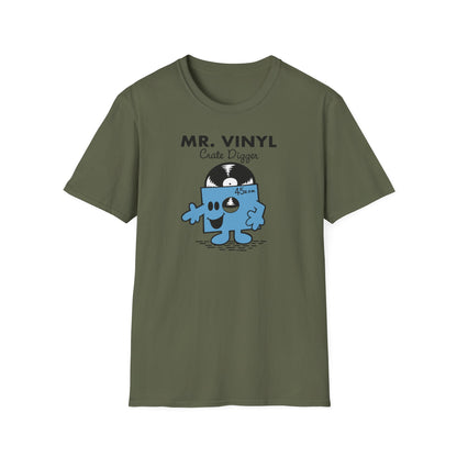 Green t-shirt with MR. VINYL Crate Digger and a happy vinyl record character.