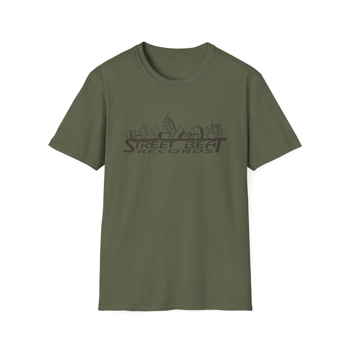 Olive green t-shirt with a grey "Street Beat Records" skyline logo.