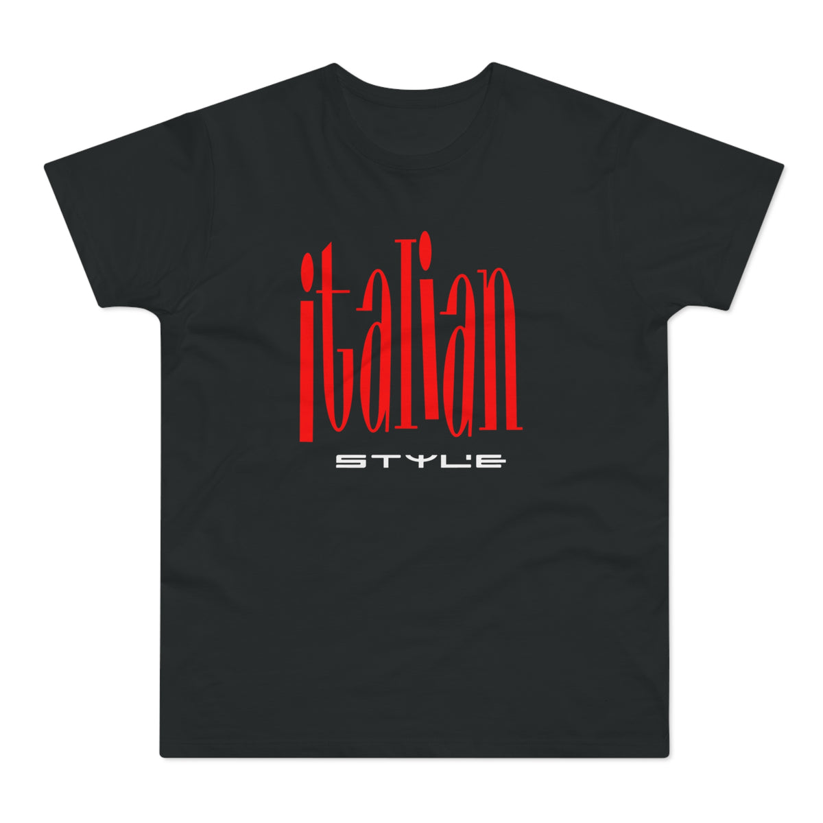Black t-shirt with red "italian STYLE" text across the chest.