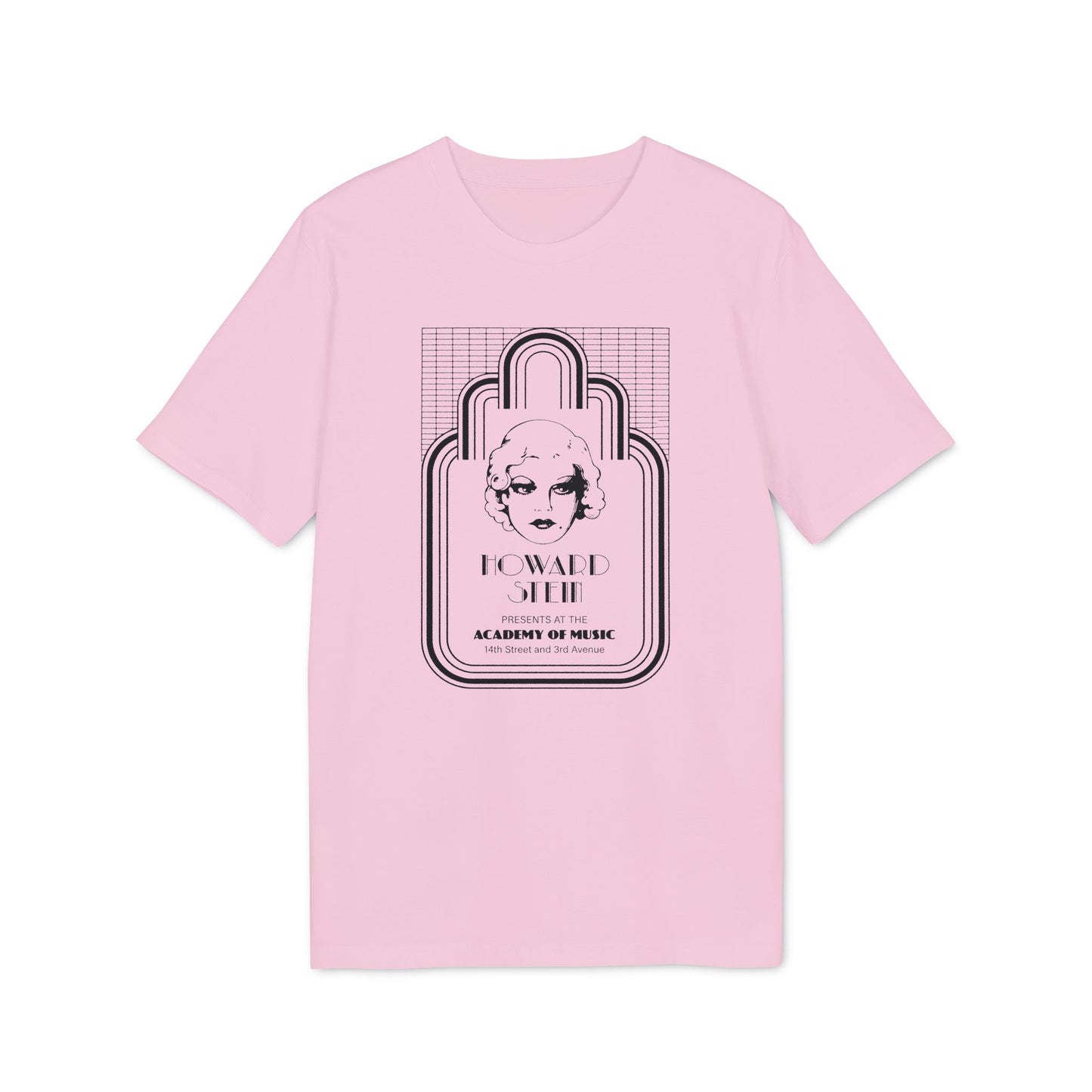 Pink t-shirt with black art deco style graphic and text "Howard Stein Academy of Music".