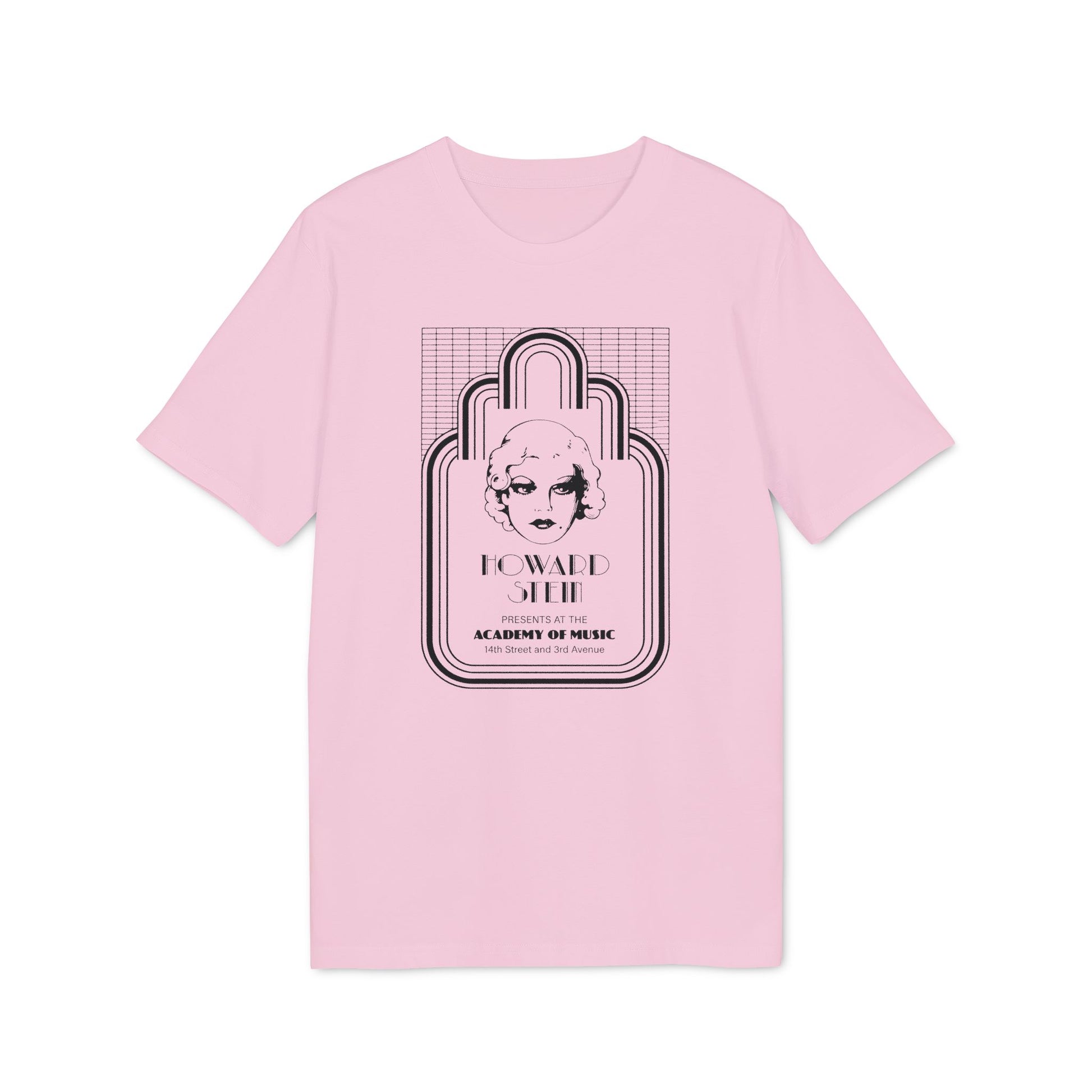 Pink t-shirt with black art deco style graphic and text "Howard Stein Academy of Music".