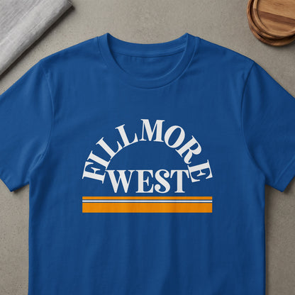 Blue t-shirt with white "FILLMORE WEST" text and orange striped accent.