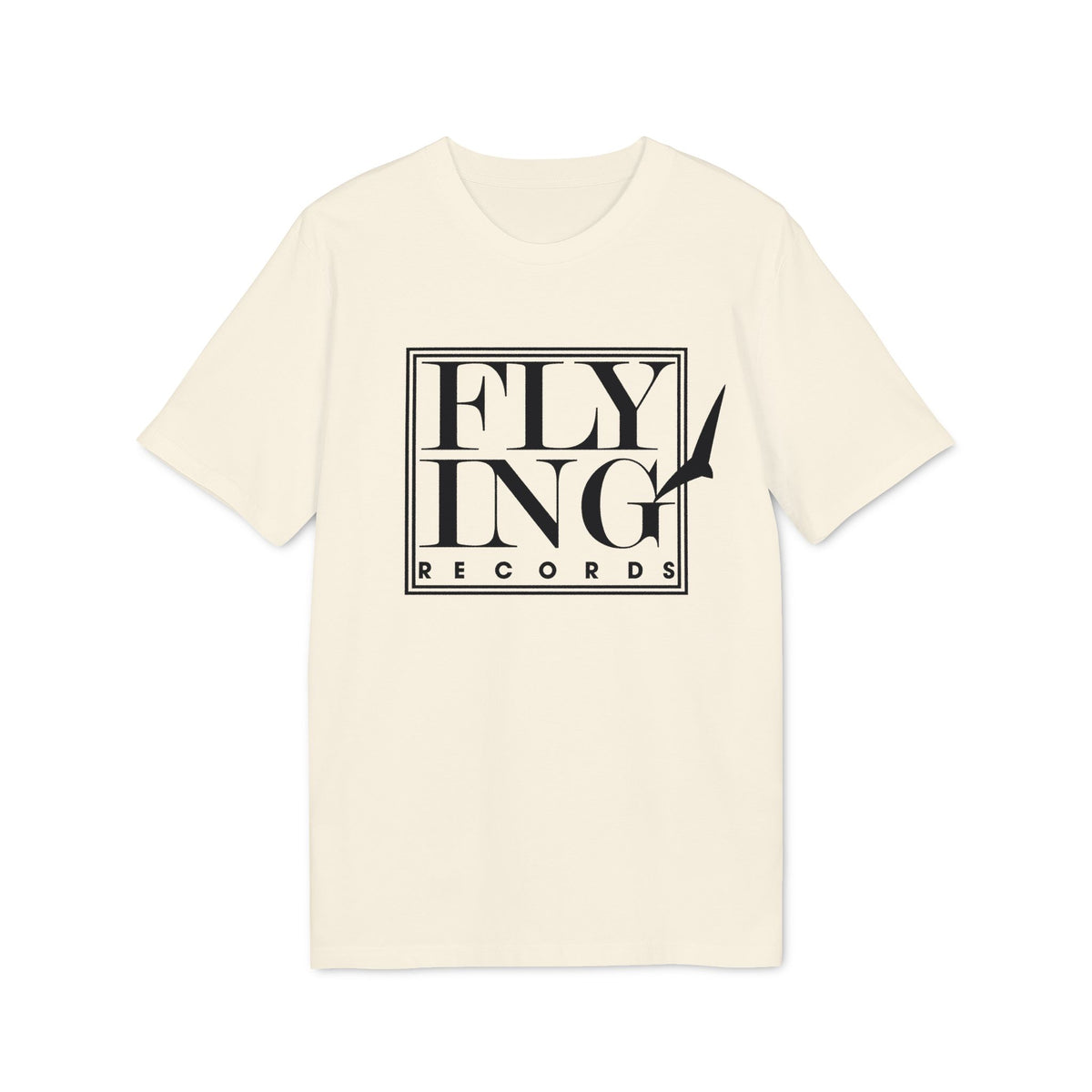 Cream t-shirt with black "FLYING RECORDS" logo and bird silhouette.