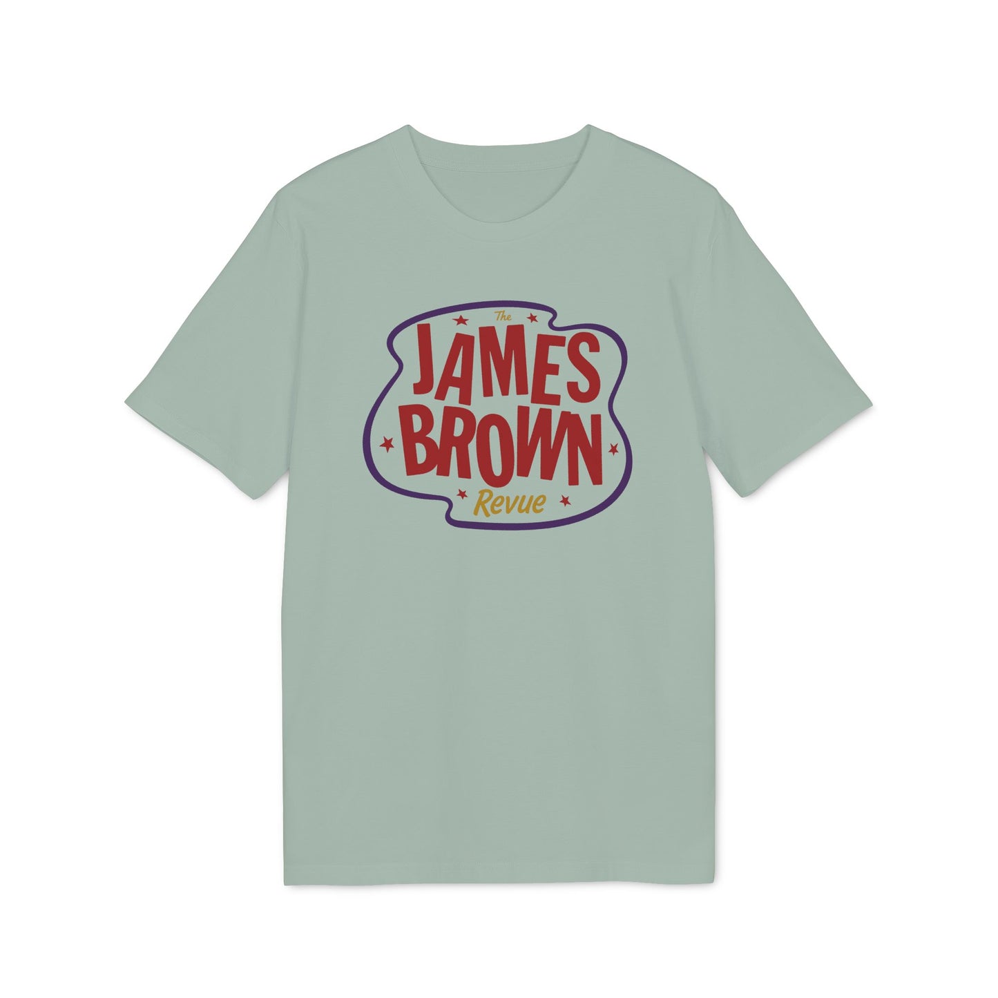 Light green t-shirt with The James Brown Revue logo in red, white, and purple.