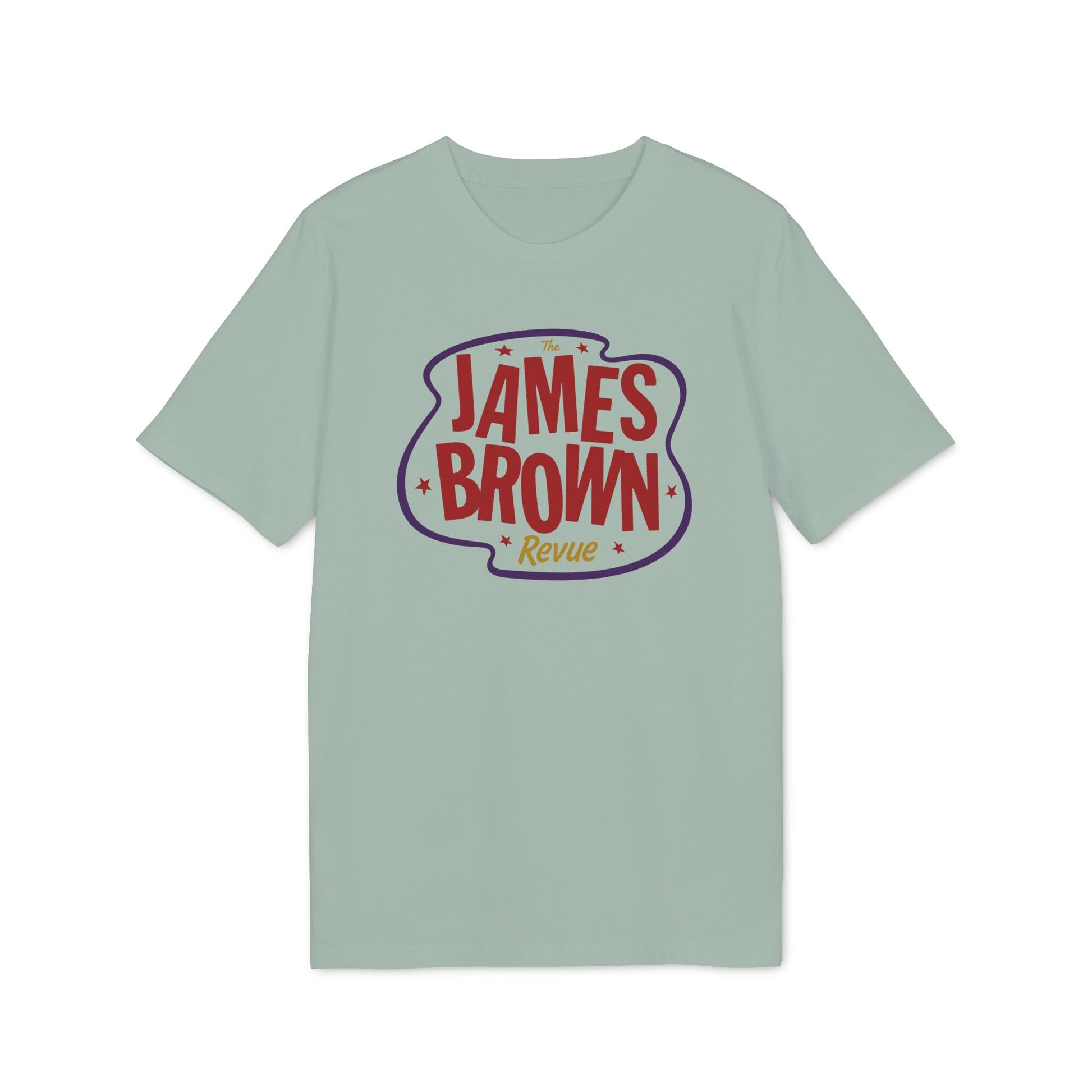Light green t-shirt with The James Brown Revue logo in red, white, and purple.