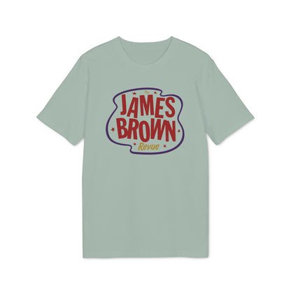 Light green t-shirt with The James Brown Revue logo in red, white, and purple.