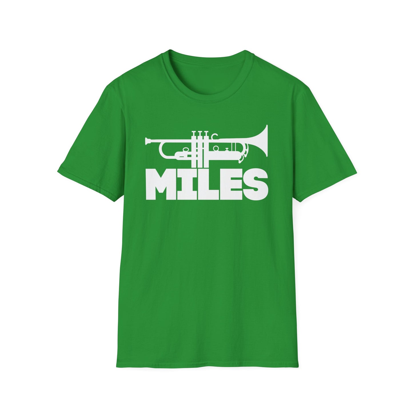 Green t-shirt with white trumpet graphic and "MILES" text.