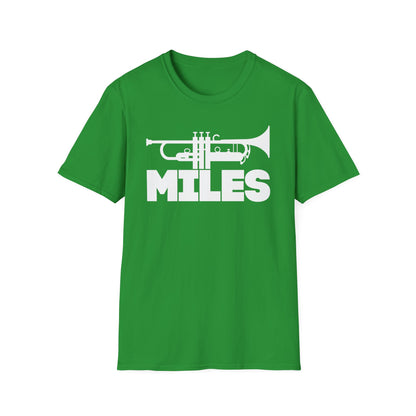 Green t-shirt with white trumpet graphic and "MILES" text.