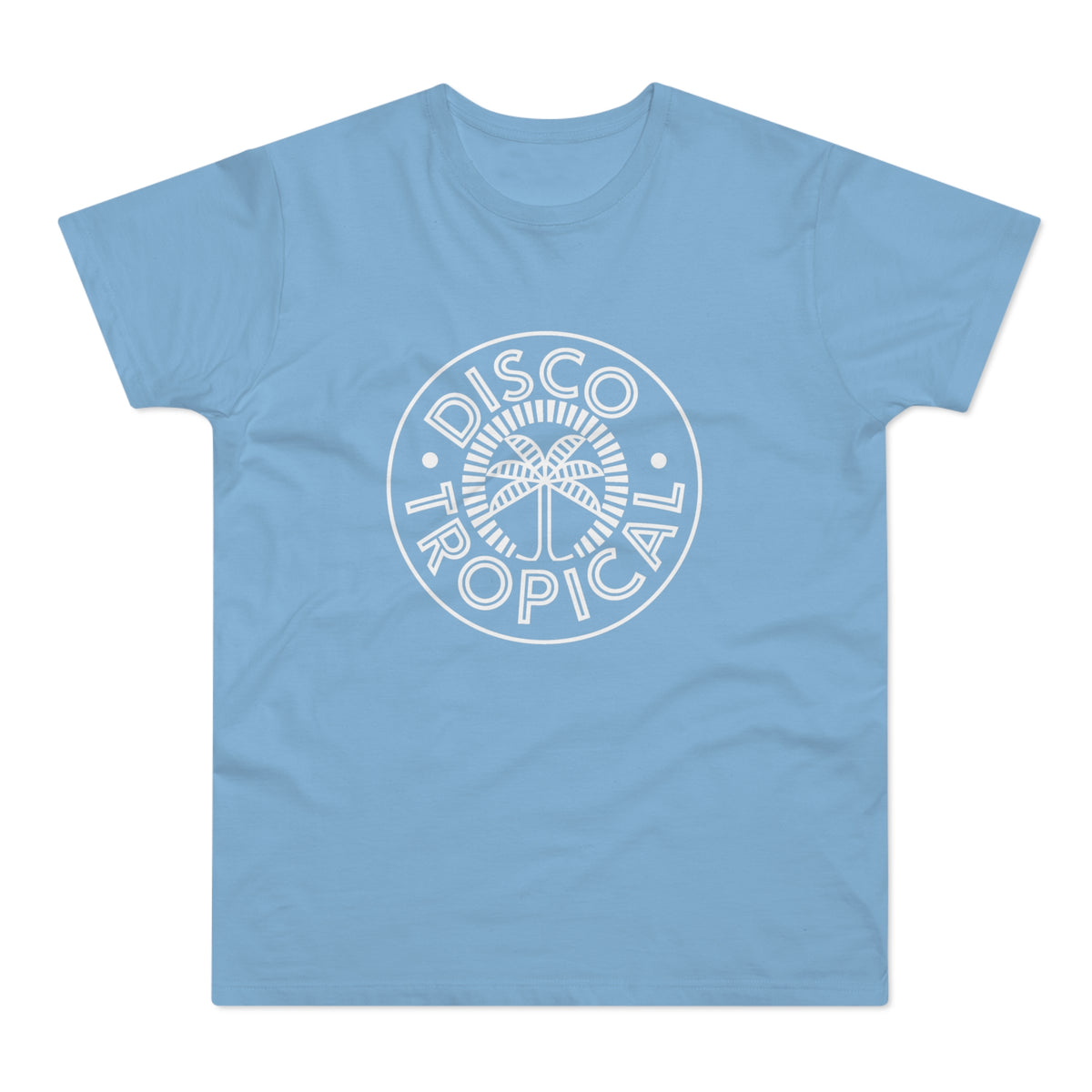 Light blue t-shirt with a white circular "Disco Tropical" logo featuring a palm tree.