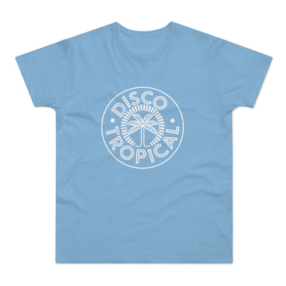 Light blue t-shirt with a white circular "Disco Tropical" logo featuring a palm tree.