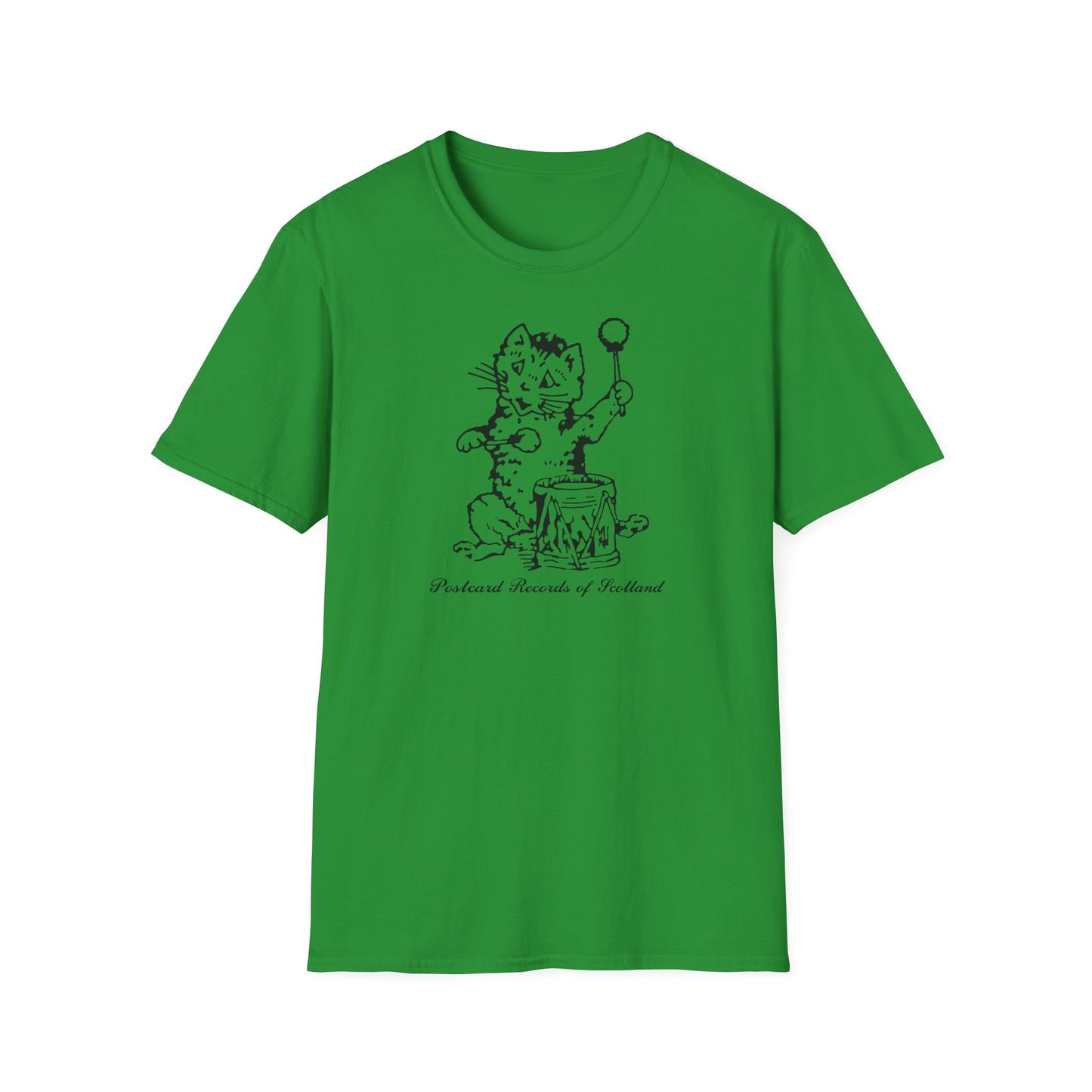 Green t-shirt with black drawing of a cat playing a drum and holding a stick.