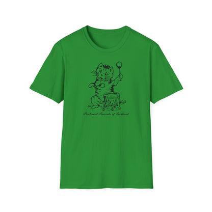 Green t-shirt with black drawing of a cat playing a drum and holding a stick.