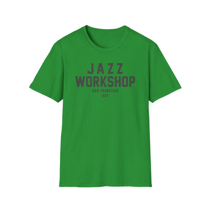 Green t-shirt with "JAZZ WORKSHOP SAN FRANCISCO 1957" graphic.