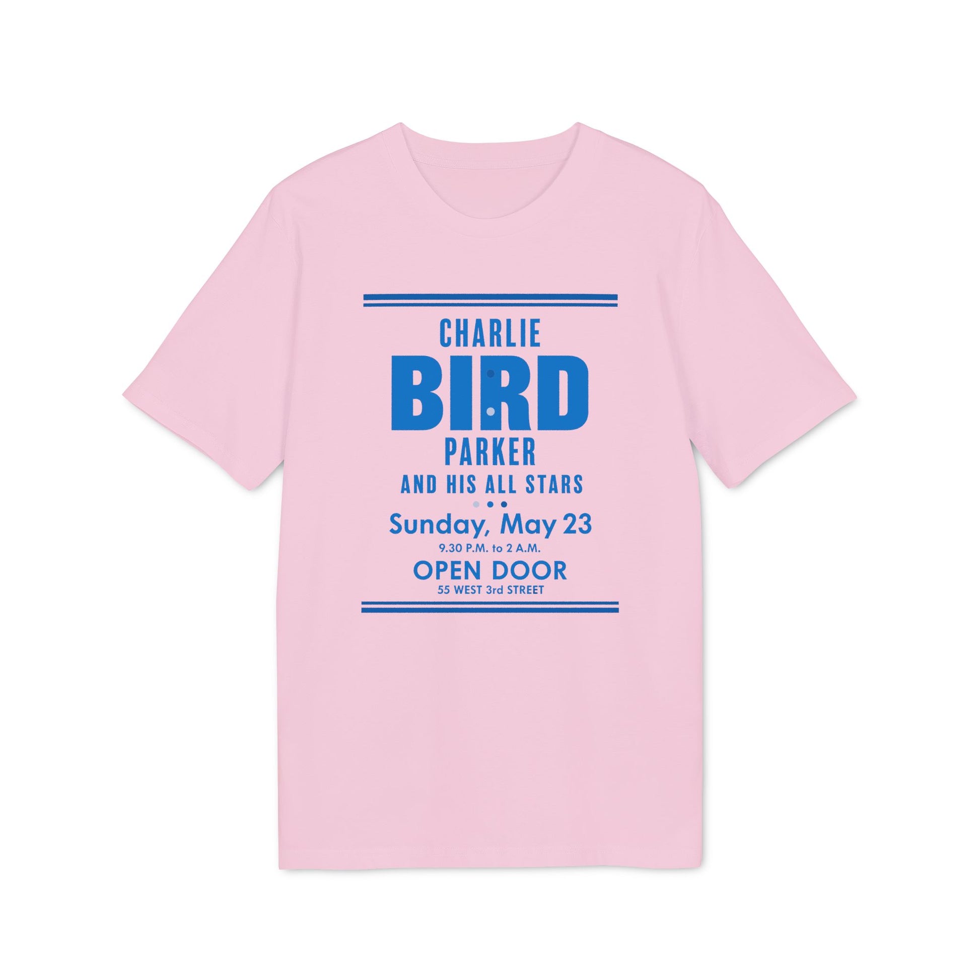 Pink t-shirt with "Charlie Bird Parker and His All Stars" text.