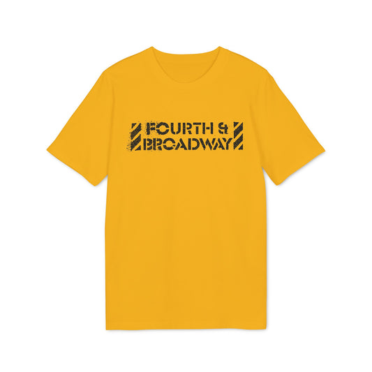 Yellow t-shirt with distressed black text reading "FOURTH & BROADWAY".
