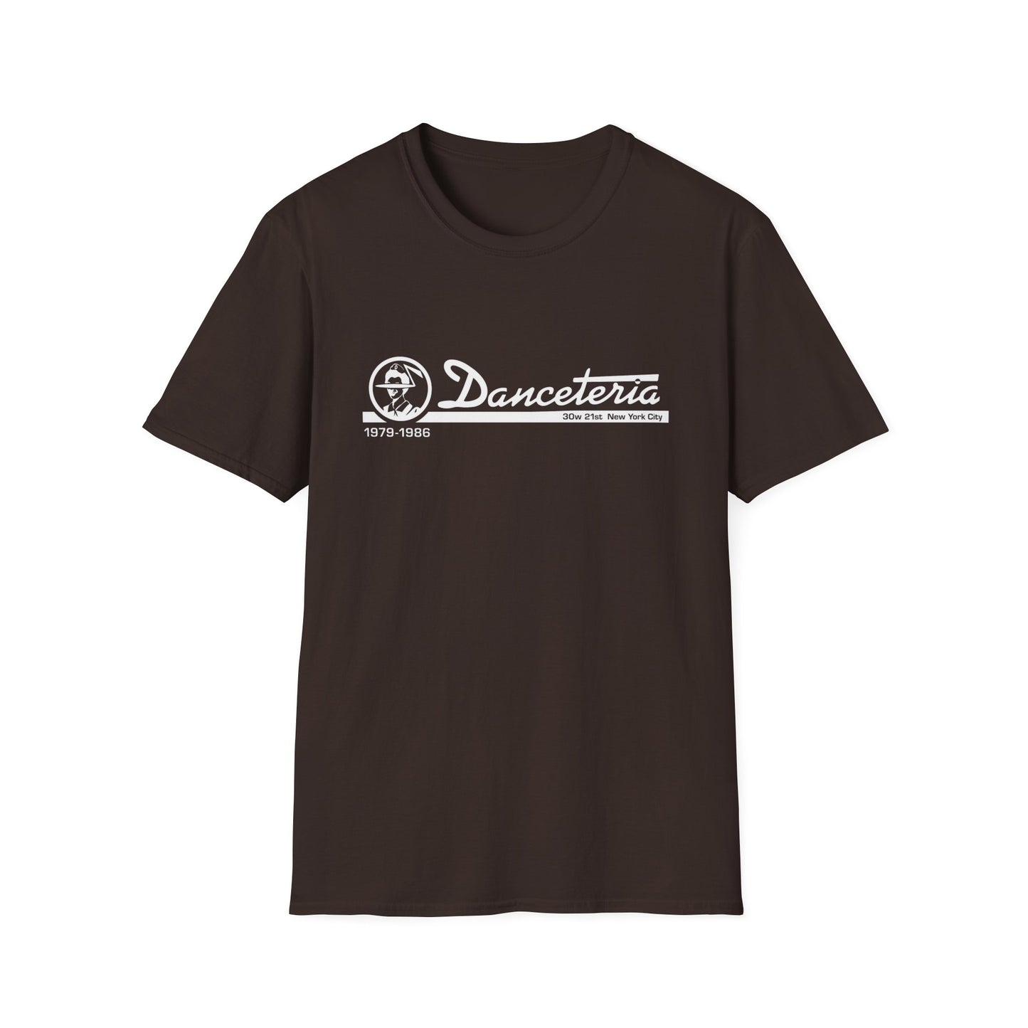 Brown t-shirt with white "Danceteria 1979-1986 30w 21st New York City" graphic.