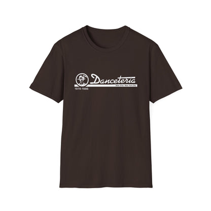 Brown t-shirt with white "Danceteria 1979-1986 30w 21st New York City" graphic.