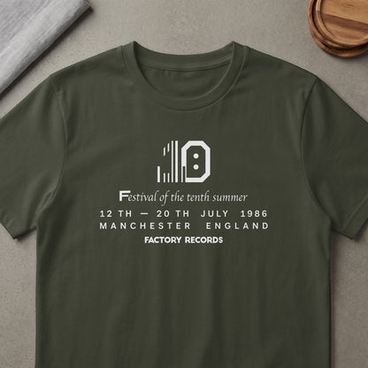 Dark green t-shirt with white "10" graphic, "Festival of the tenth summer," dates, and "FACTORY RECORDS" text.
