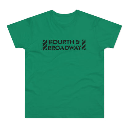 Green t-shirt with black distressed text reading "FOURTH & BROADWAY".