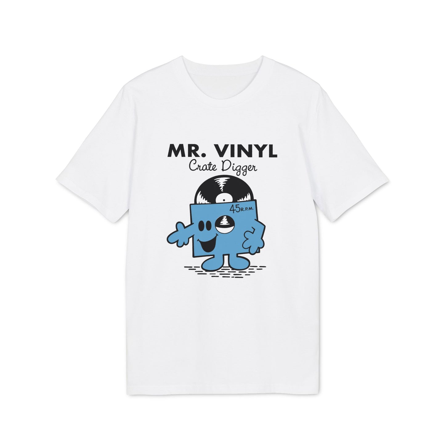 White t-shirt with Mr. Vinyl graphic and text "MR. VINYL Crate Digger".