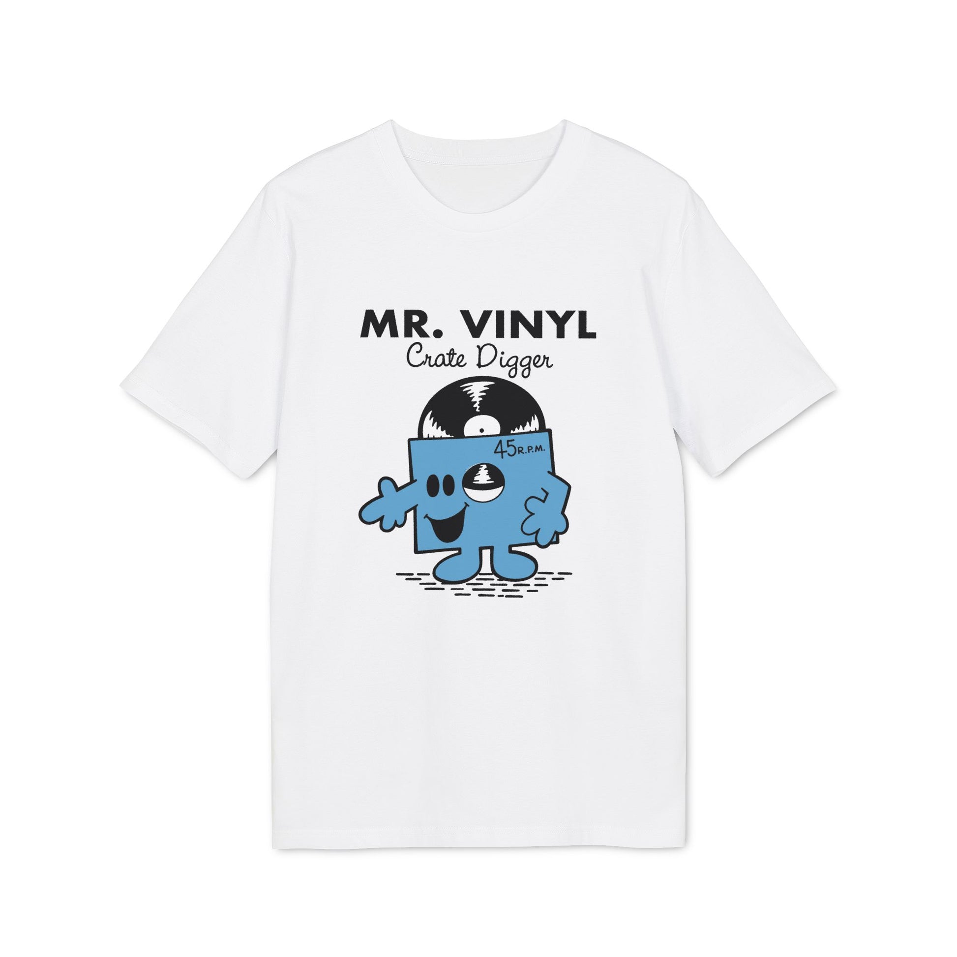 White t-shirt with Mr. Vinyl graphic and text "MR. VINYL Crate Digger".