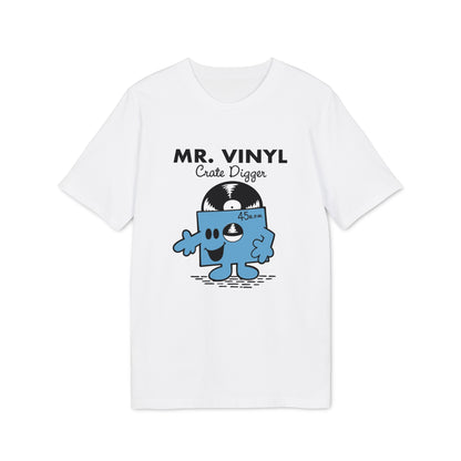 White t-shirt with Mr. Vinyl graphic and text "MR. VINYL Crate Digger".