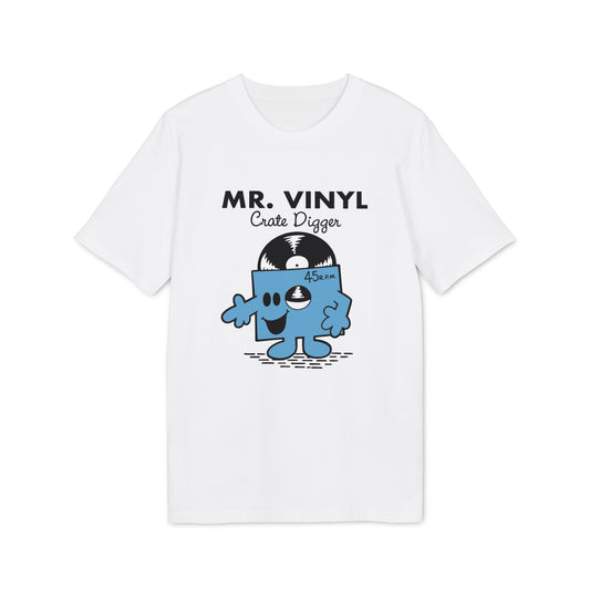 White t-shirt with Mr. Vinyl graphic and text "MR. VINYL Crate Digger".