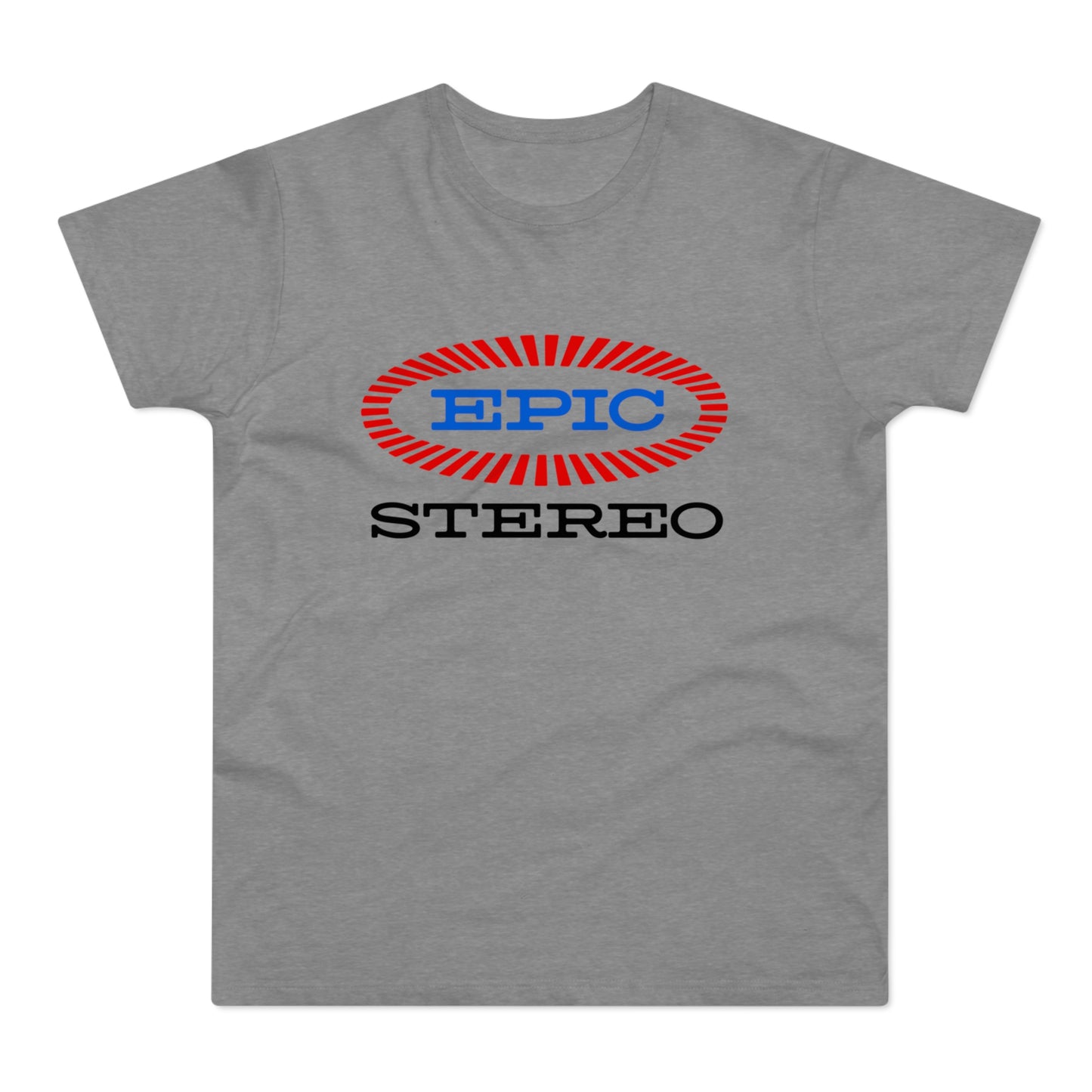 Grey t-shirt with elliptical "EPIC STEREO" logo in red and blue.