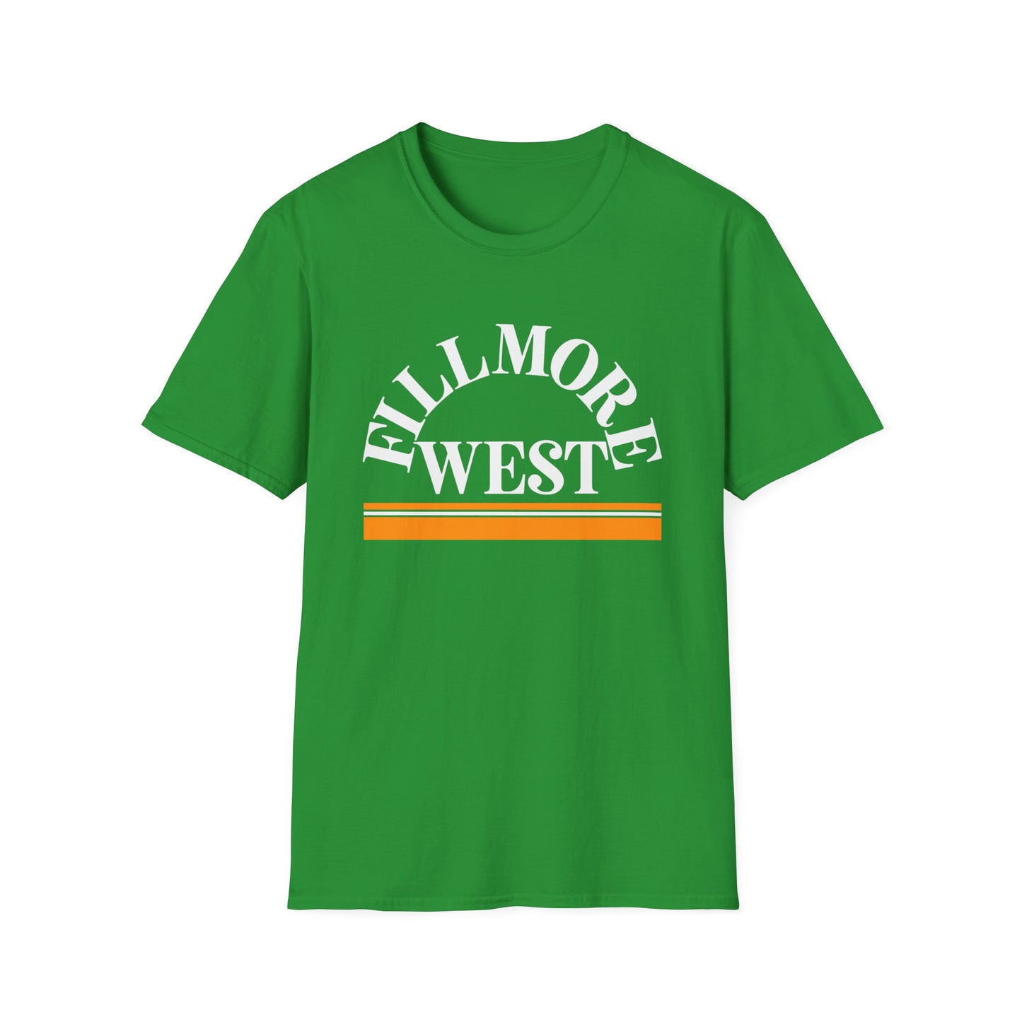 Green t-shirt with white "Fillmore West" text and orange and white stripes.