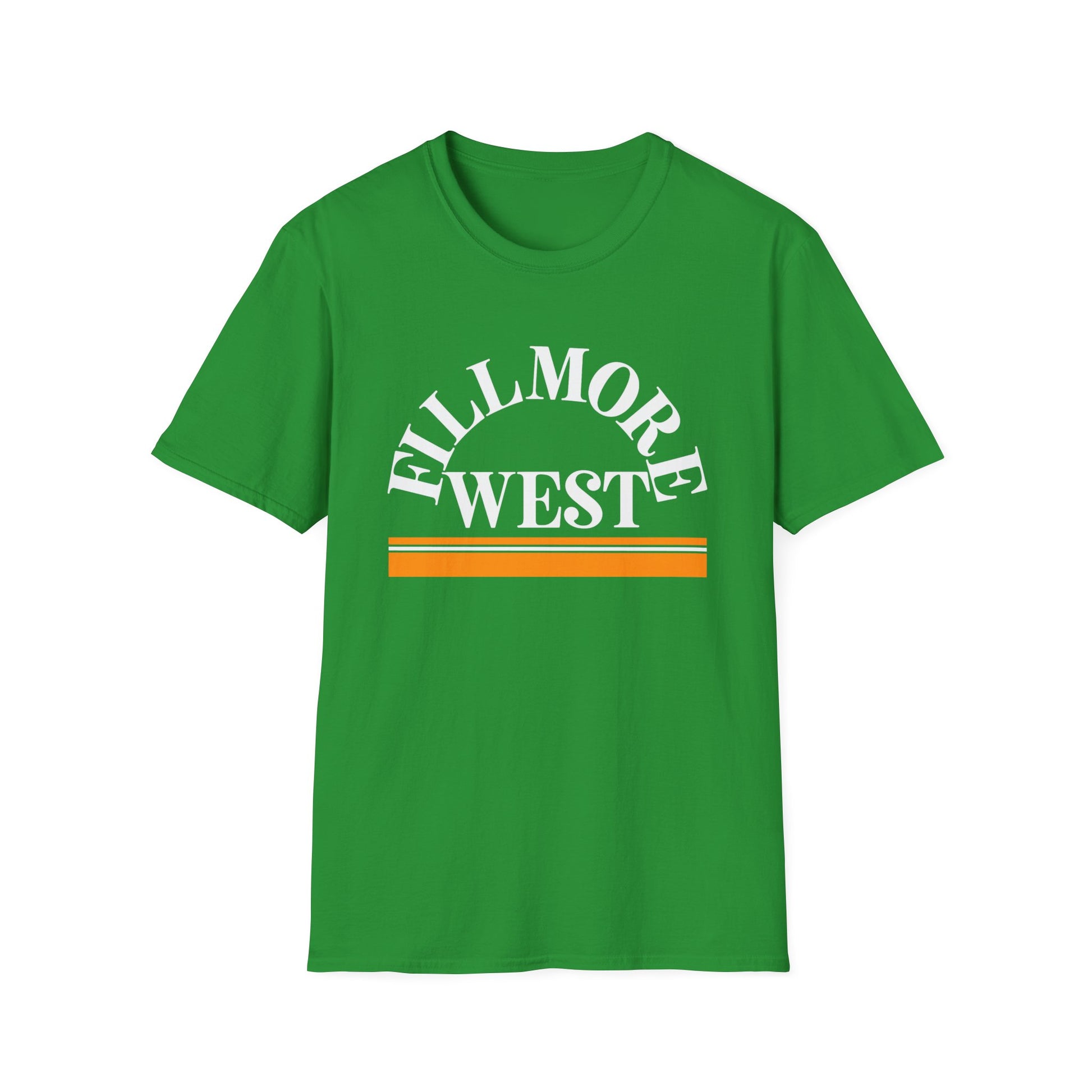 Green t-shirt with white "Fillmore West" text and orange and white stripes.