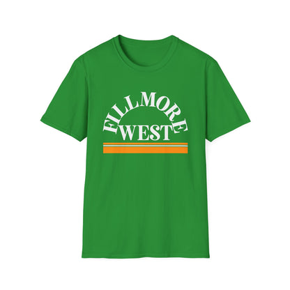Green t-shirt with white "Fillmore West" text and orange and white stripes.