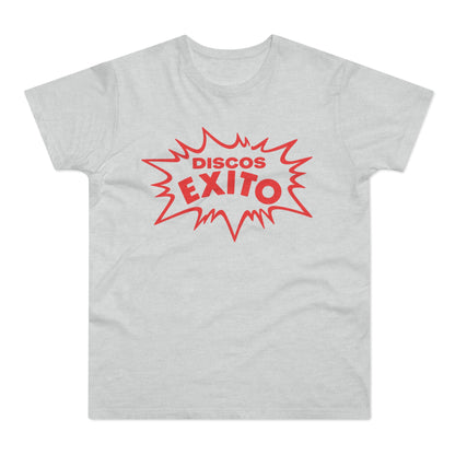 Light grey t-shirt with red "Discos Exito" text in a pop-art style burst.