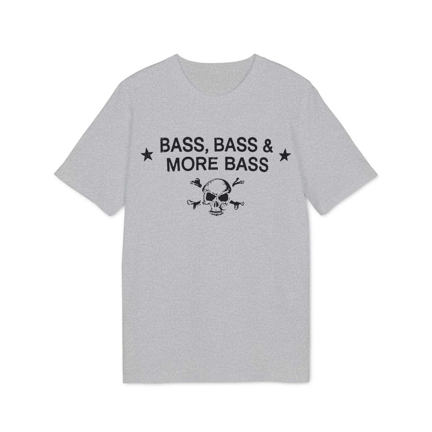 Grey t-shirt with "BASS, BASS & MORE BASS" text and skull graphic.