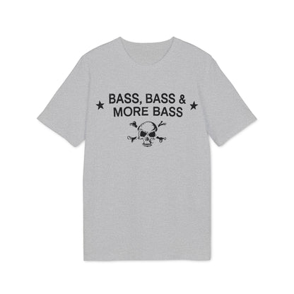 Grey t-shirt with "BASS, BASS & MORE BASS" text and skull graphic.