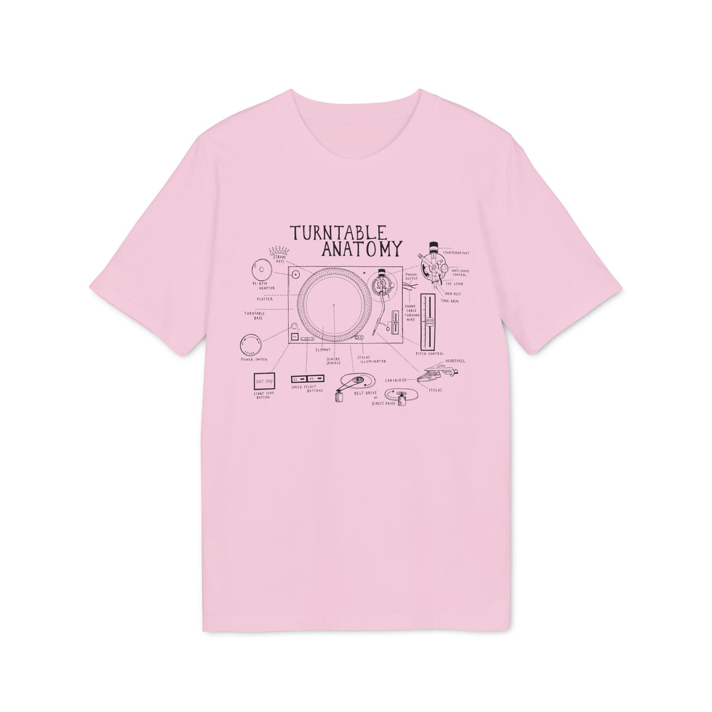 Pink t-shirt with black line drawing of turntable anatomy labeled with parts.