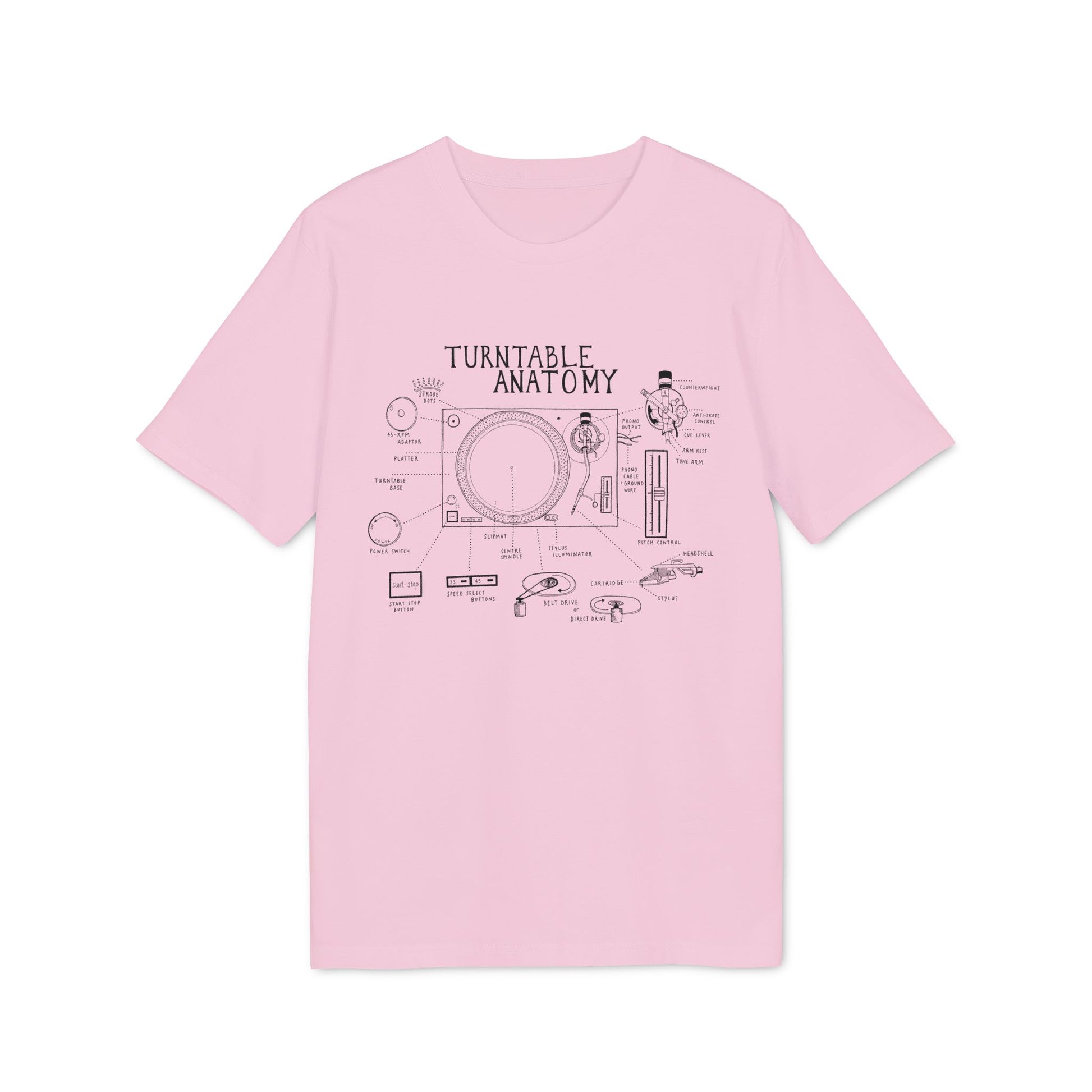 Pink t-shirt with black line drawing of turntable anatomy labeled with parts.