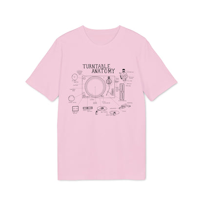 Pink t-shirt with black line drawing of turntable anatomy labeled with parts.