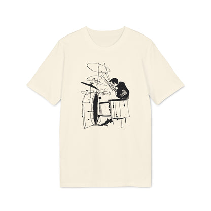 Cream t-shirt with black line art of a person playing drums.
